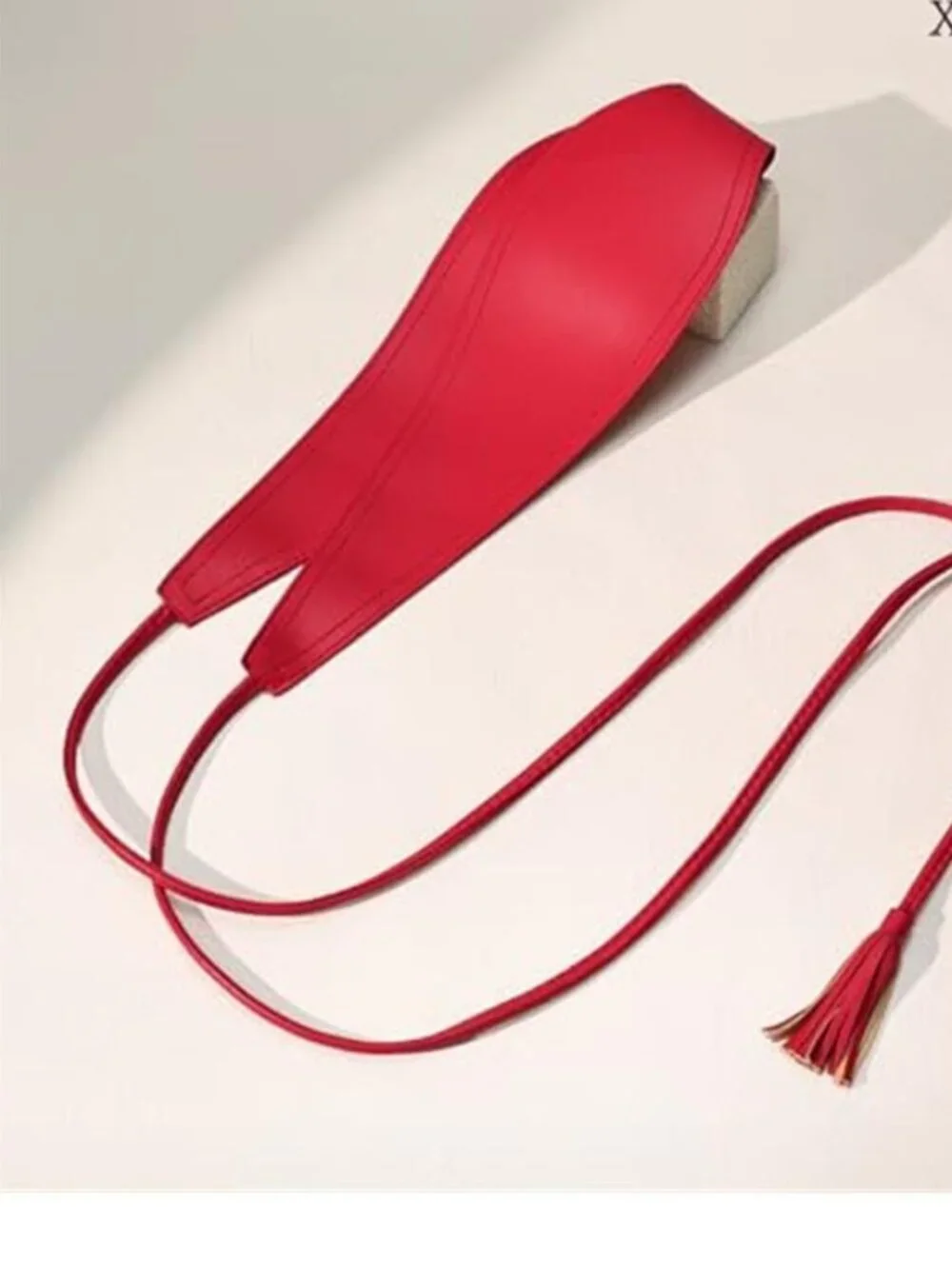 Women Red Wide Belt for Dress Vegan Leather Obi Belt Waistband with Tassel Tie